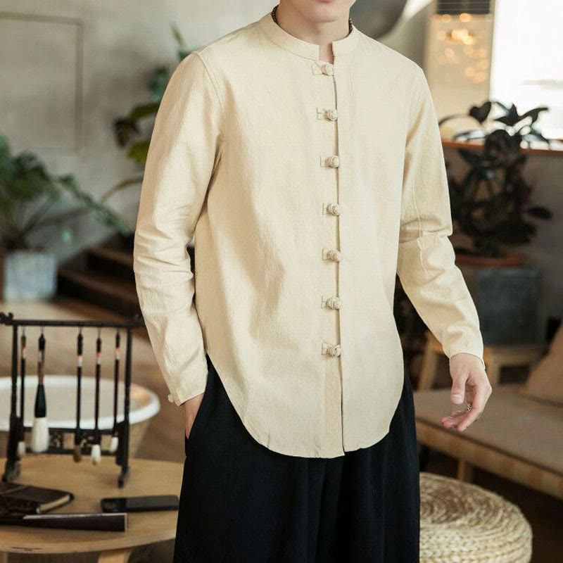 Buddha Stonesカジュアルスタンドカラーカエルボタン長袖唐装メンズシャツ - ベージュ - US/UK/AU46、 EU56 (5XL) - image 11