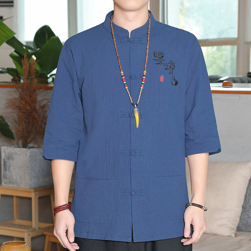 Buddha Stonesカエルボタン 中国唐装 七分袖 コットンリネン メンズシャツ - スティールブルー - US/UK/AU46、 EU56 (5XL) - image 22