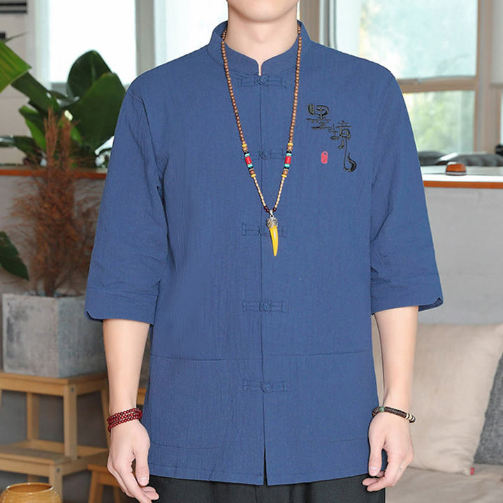 Buddha Stonesカエルボタン 中国唐装 七分袖 コットンリネン メンズシャツ - スティールブルー - US/UK/AU46、 EU56 (5XL) - image 22