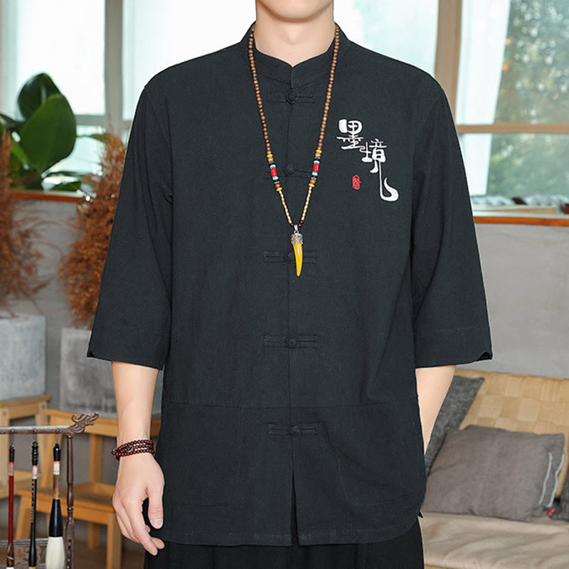 Buddha Stonesカエルボタン 中国唐装 七分袖 コットンリネン メンズシャツ - 黒 - US/UK/AU46、 EU56 (5XL) - image 11