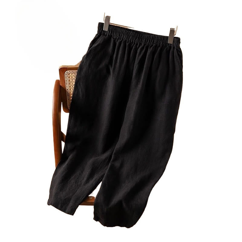 Buddha Stonesカジュアル 無地 ハイウエスト コットンリネン レディース ハーレムパンツ ポケット付き - image 4