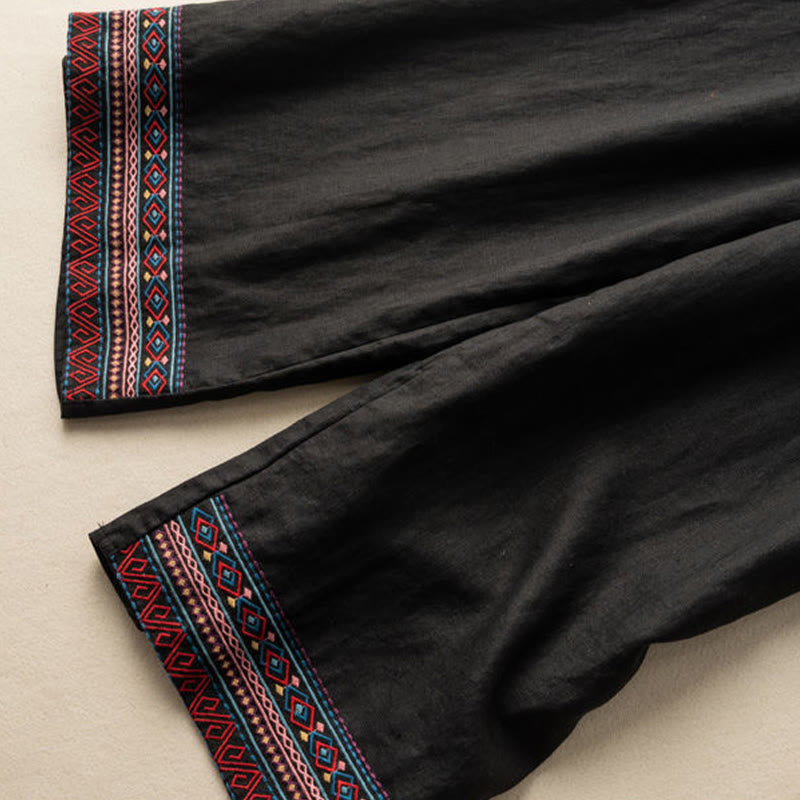 Buddha Stonesカジュアル刺繍 ボヘミアン柄 ドローストリング コットンリネン レディース ワイドレッグパンツ ポケット付き - image 10