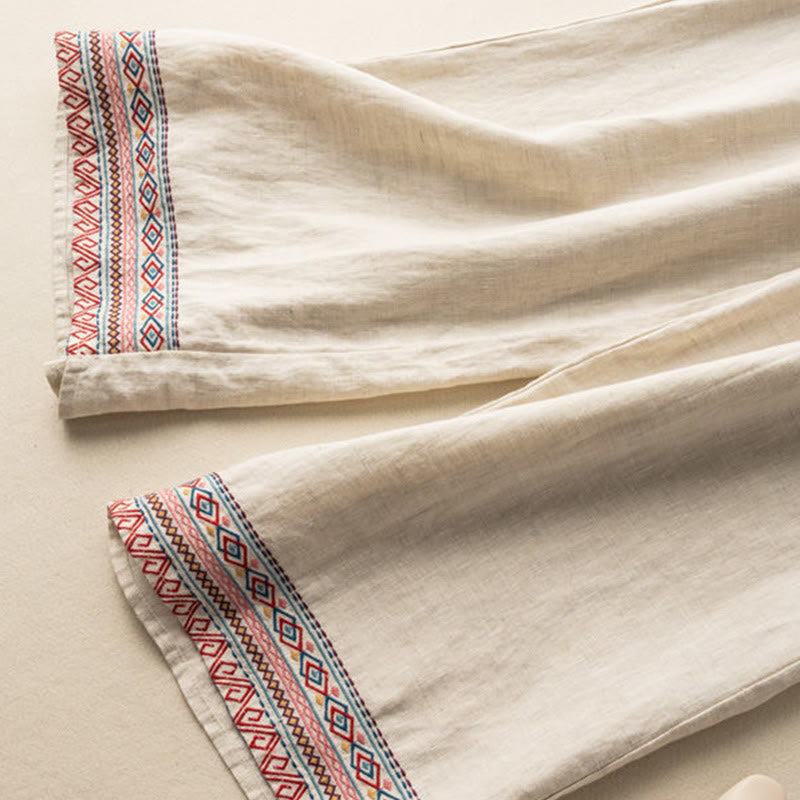 Buddha Stonesカジュアル刺繍 ボヘミアン柄 ドローストリング コットンリネン レディース ワイドレッグパンツ ポケット付き - image 4