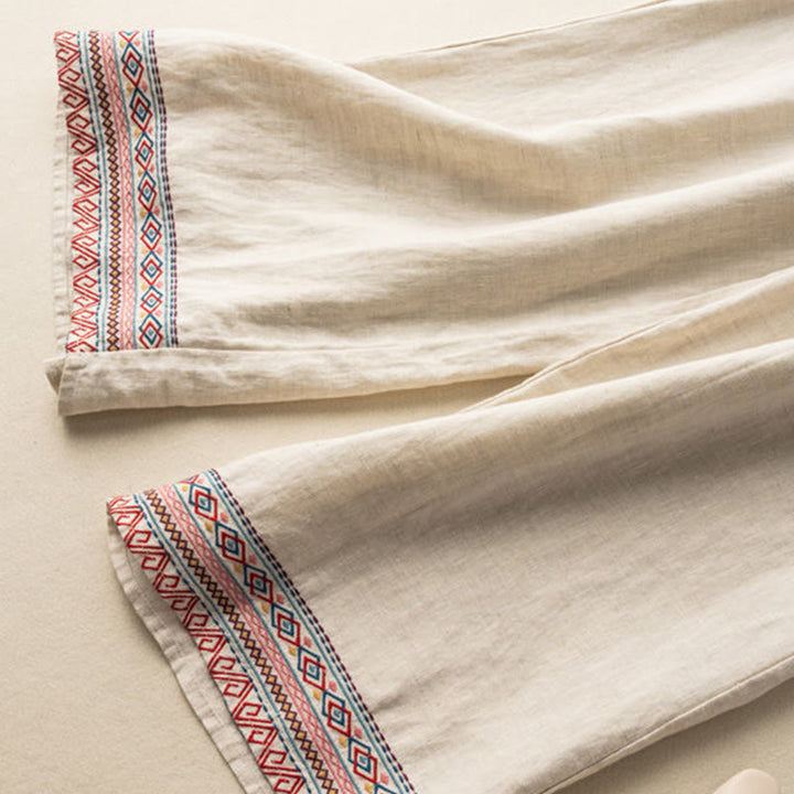 Buddha Stonesカジュアル刺繍 ボヘミアン柄 ドローストリング コットンリネン レディース ワイドレッグパンツ ポケット付き - image 4