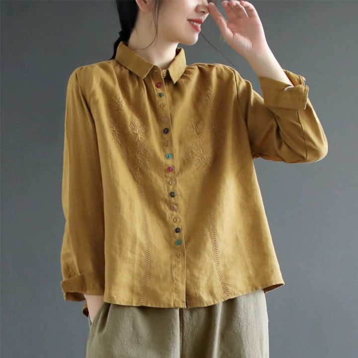 Buddha Stones春 刺繍 長袖 カラフル ボタン ラベル コットン リネン レディース シャツ