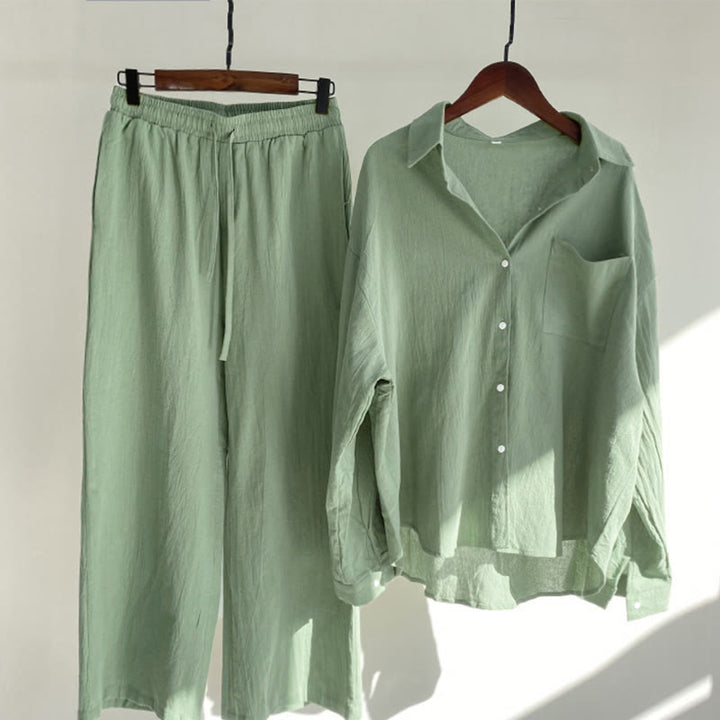 Buddha Stones 2点セット 長袖シャツ ポケット付きトップス ドローストリングパンツ 瞑想用コットンリネン服 レディース セット - ライトグリーン - US20、 UK/AU24、 EU52 (5XL) - image 42
