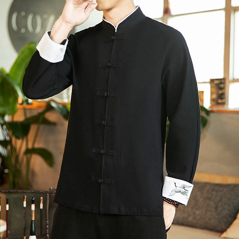 Buddha Stones唐装カエルボタン鶴刺繍長袖コットンメンズシャツ - image 17