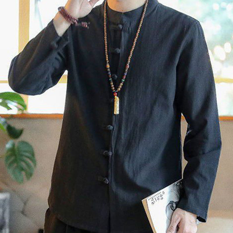 Buddha Stonesカジュアル スタンドカラー フロッグボタン 長袖 タンスーツ リネン メンズシャツ - image 8