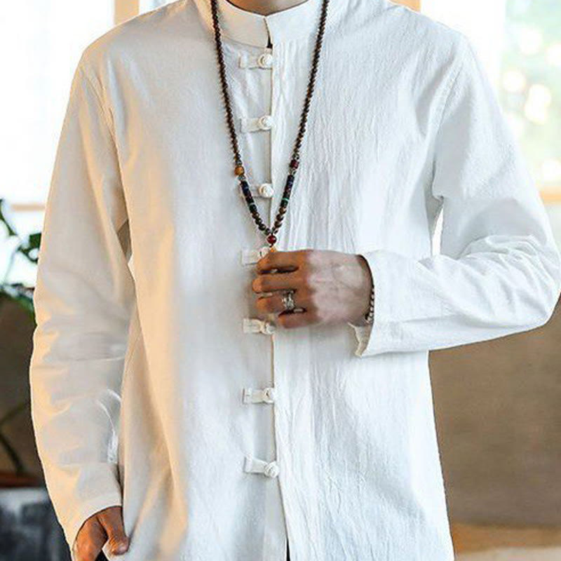 Buddha Stonesカジュアル スタンドカラー フロッグボタン 長袖 タンスーツ リネン メンズシャツ - image 2