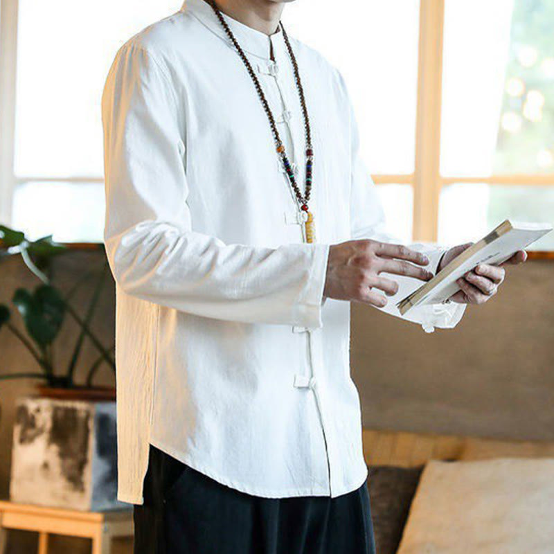 Buddha Stonesカジュアルスタンドカラーカエルボタン長袖唐装メンズシャツ - image 5