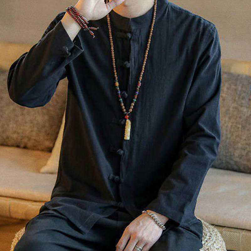 Buddha Stonesカジュアル スタンドカラー フロッグボタン 長袖 タンスーツ リネン メンズシャツ - image 9