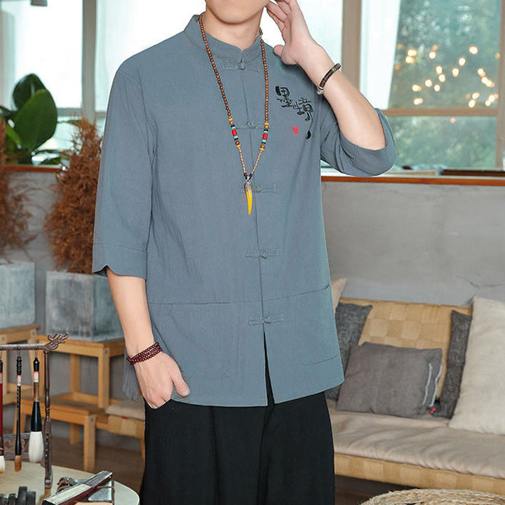 Buddha Stonesカエルボタン 中国唐装 七分袖 コットンリネン メンズシャツ - image 2