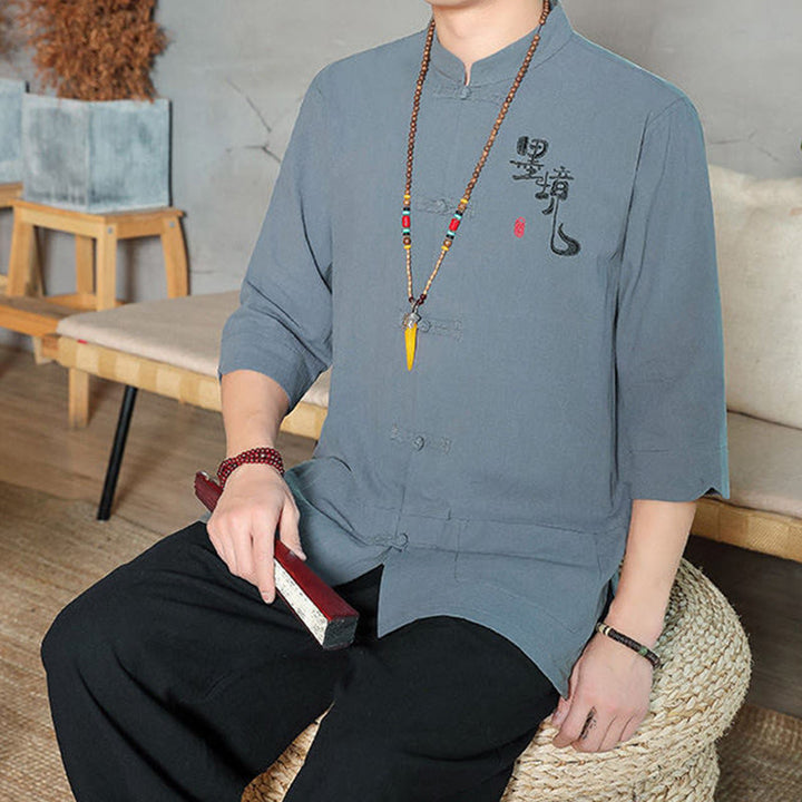 Buddha Stonesカエルボタン 中国唐装 七分袖 コットンリネン メンズシャツ - image 4