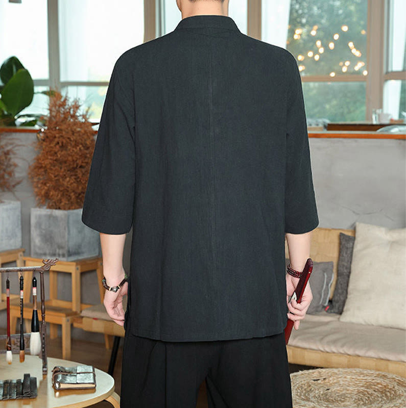 Buddha Stonesカエルボタン 中国唐装 七分袖 コットンリネン メンズシャツ