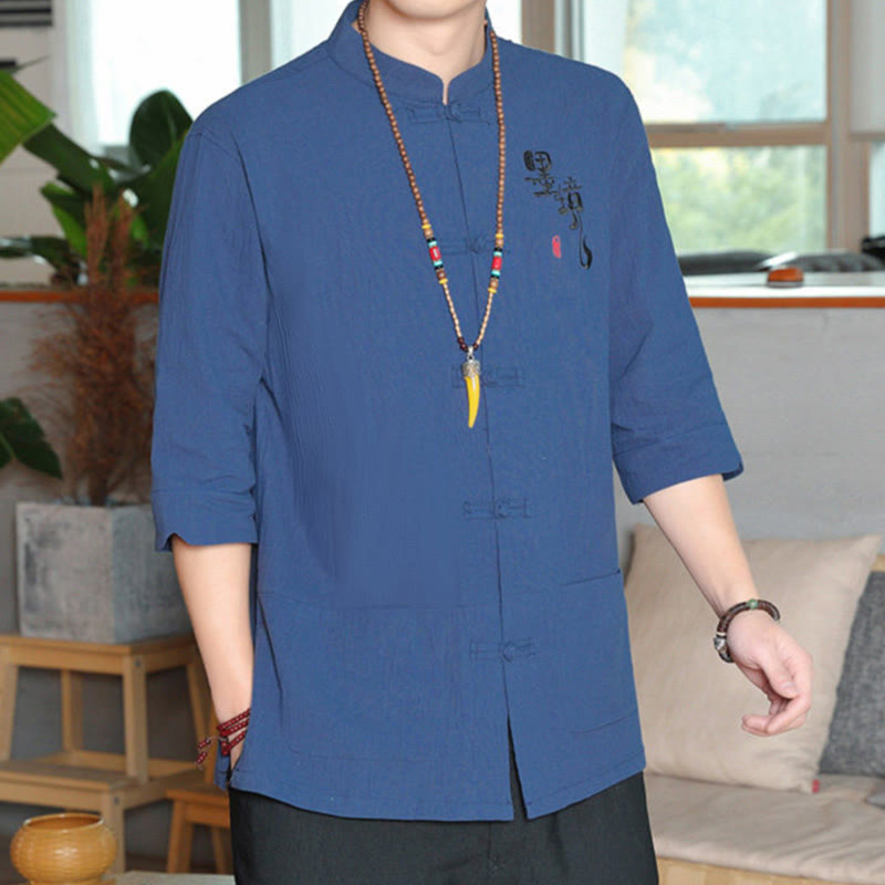 Buddha Stonesカエルボタン 中国唐装 七分袖 コットンリネン メンズシャツ - image 24