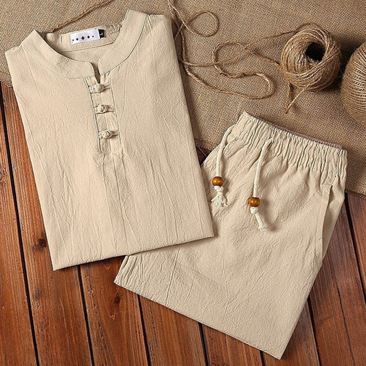 Buddha Stones 2点セット 無地 カエルボタン タンスーツ コットンリネン 半袖パンツ 衣類 メンズセット - image 4