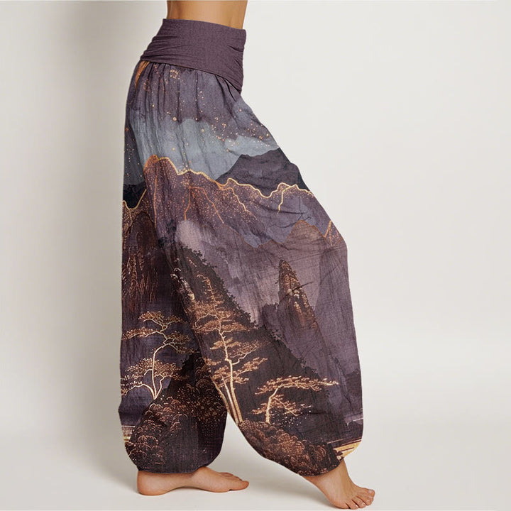 Buddha Stones、カジュアル、満月、山、木、川柄、レディース、伸縮性ウエスト、ハーレムパンツ - image 6