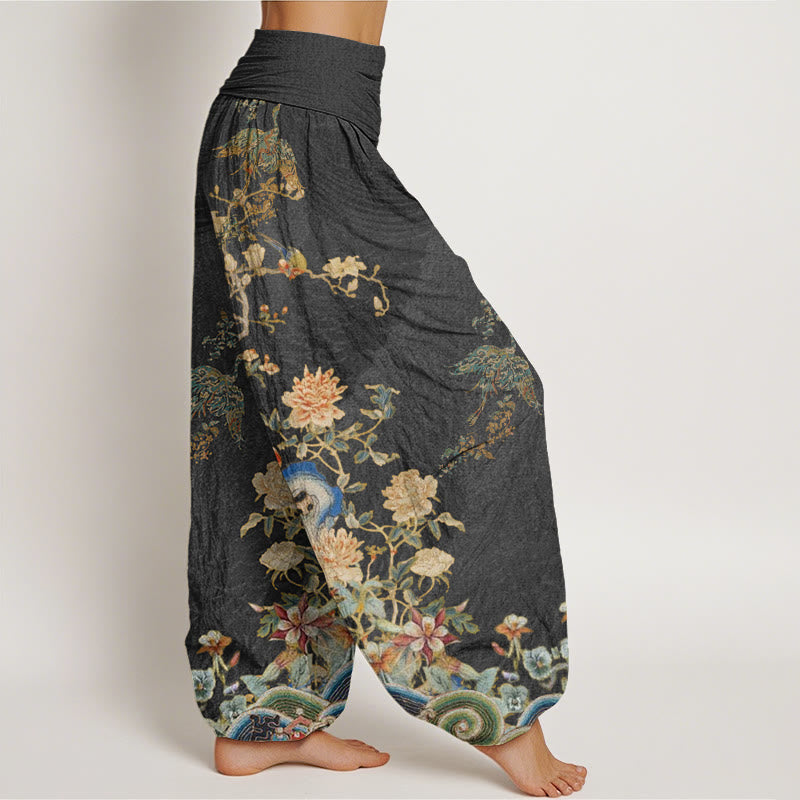 Buddha Stones、孔雀、黄色の花のデザイン、レディース、伸縮性ウエスト、ハーレムパンツ - image 3