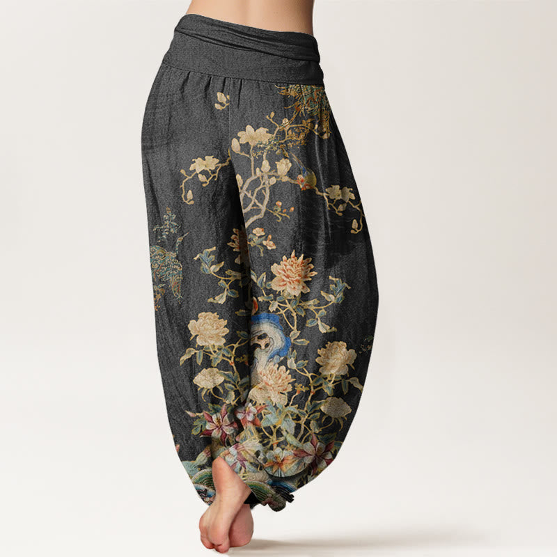 Buddha Stones、孔雀、黄色の花のデザイン、レディース、伸縮性ウエスト、ハーレムパンツ - image 2