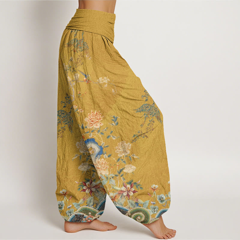 Buddha Stones、孔雀、黄色の花のデザイン、レディース、伸縮性ウエスト、ハーレムパンツ - image 10