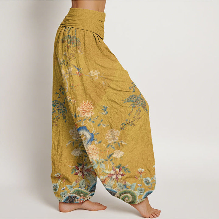 Buddha Stones、孔雀、黄色の花のデザイン、レディース、伸縮性ウエスト、ハーレムパンツ - image 10