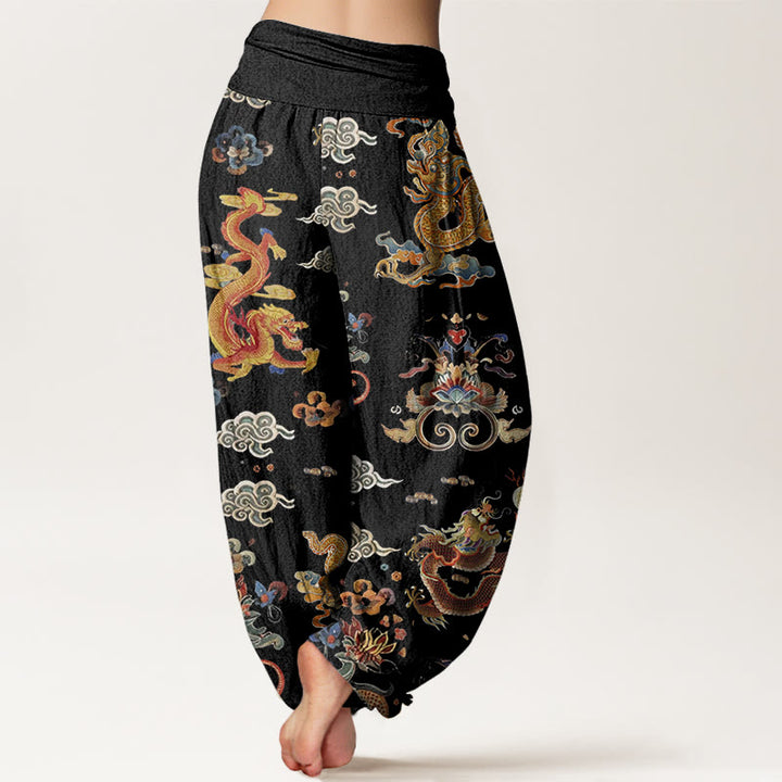 Buddha Stonesコットン 金龍 吉兆雲デザイン レディース 伸縮性ウエスト ハーレムパンツ - image 2