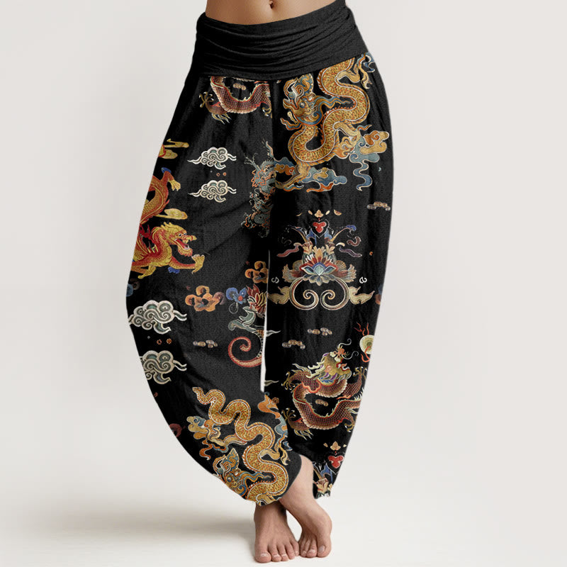 Buddha Stonesコットン 金龍 吉兆雲デザイン レディース 伸縮性ウエスト ハーレムパンツ - 黒 - US22、 UK/AU26、 EU54 (6XL) - image 0