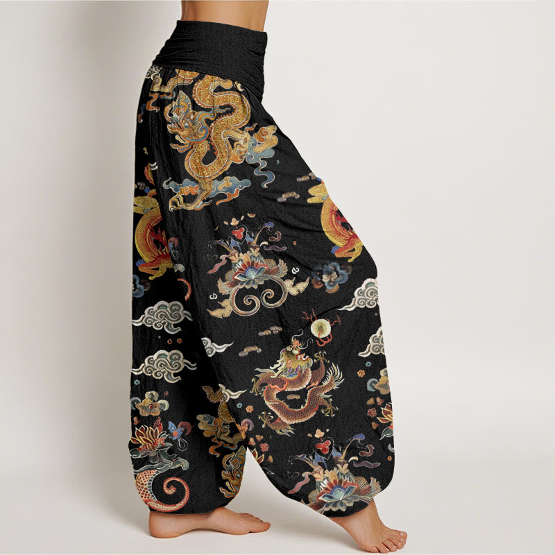 Buddha Stonesコットン 金龍 吉兆雲デザイン レディース 伸縮性ウエスト ハーレムパンツ - image 1