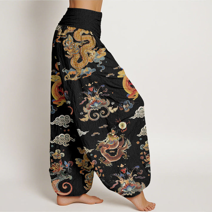 Buddha Stonesコットン 金龍 吉兆雲デザイン レディース 伸縮性ウエスト ハーレムパンツ - image 1