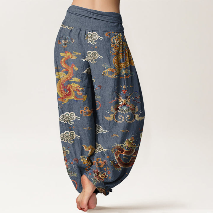 Buddha Stonesコットン 金龍 吉兆雲デザイン レディース 伸縮性ウエスト ハーレムパンツ - image 5