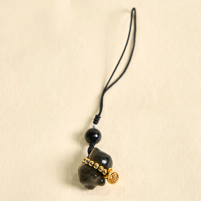 Buddha Stones銀色光沢黒曜石 黒曜石 金色光沢黒曜石 かわいい猫のフーキャラクター保護キーチェーン 携帯電話吊り下げ装飾 - image 12