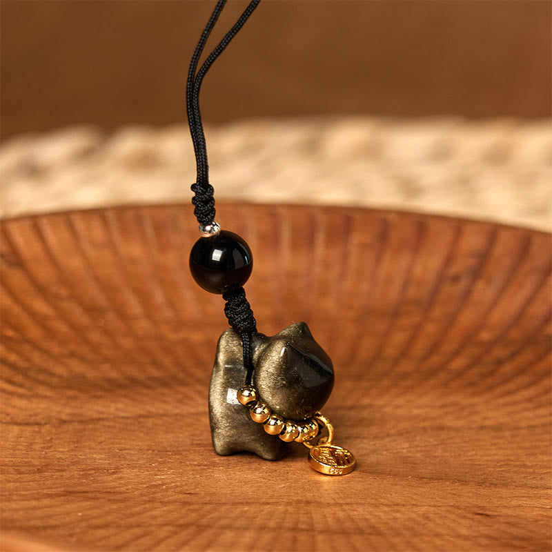Buddha Stones銀色光沢黒曜石 黒曜石 金色光沢黒曜石 かわいい猫のフーキャラクター保護キーチェーン 携帯電話吊り下げ装飾 - ゴールドの光沢を持つ黒曜石の携帯電話用吊り下げ装飾 - image 20