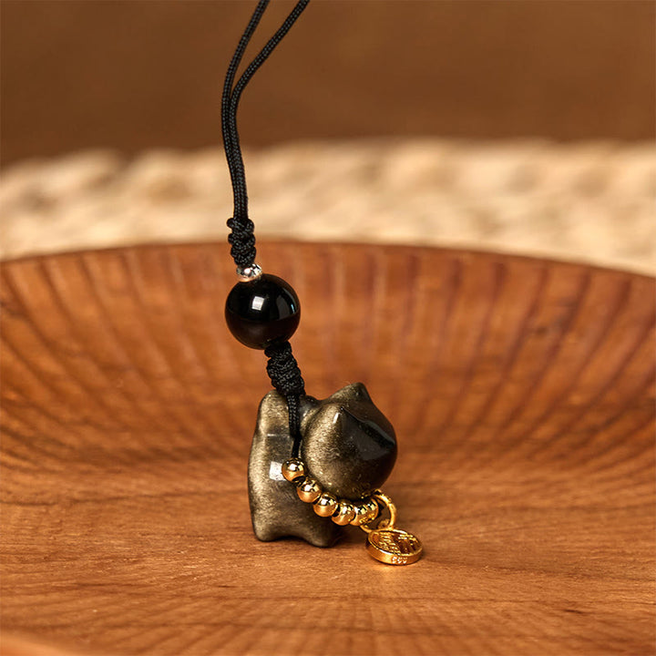 Buddha Stones銀色光沢黒曜石 黒曜石 金色光沢黒曜石 かわいい猫のフーキャラクター保護キーチェーン 携帯電話吊り下げ装飾 - ゴールドの光沢を持つ黒曜石の携帯電話用吊り下げ装飾 - image 20
