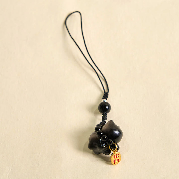Buddha Stones銀色光沢黒曜石 黒曜石 金色光沢黒曜石 かわいい猫のフーキャラクター保護キーチェーン 携帯電話吊り下げ装飾 - image 13