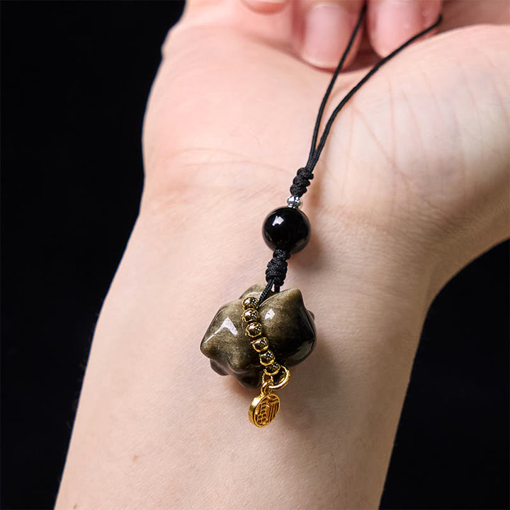 Buddha Stones銀色光沢黒曜石 黒曜石 金色光沢黒曜石 かわいい猫のフーキャラクター保護キーチェーン 携帯電話吊り下げ装飾 - image 21