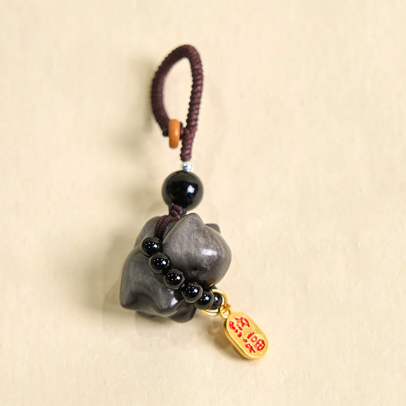 Buddha Stones銀色光沢黒曜石 黒曜石 金色光沢黒曜石 かわいい猫のフーキャラクター保護キーチェーン 携帯電話吊り下げ装飾 - image 2