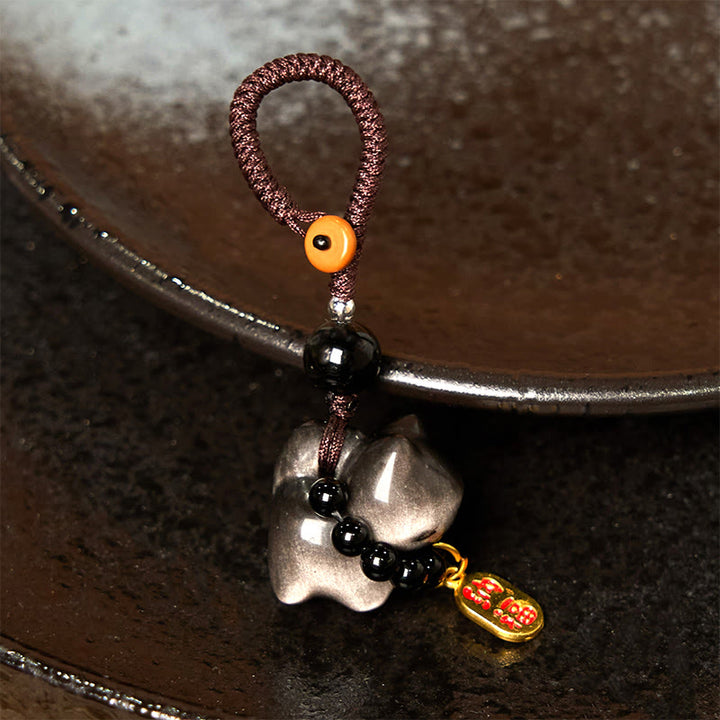 Buddha Stones銀色光沢黒曜石 黒曜石 金色光沢黒曜石 かわいい猫のフーキャラクター保護キーチェーン 携帯電話吊り下げ装飾 - image 10
