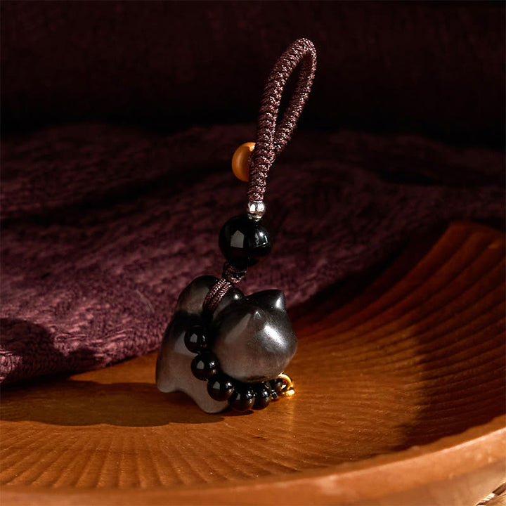 Buddha Stones銀色光沢黒曜石 黒曜石 金色光沢黒曜石 かわいい猫のフーキャラクター保護キーチェーン 携帯電話吊り下げ装飾 - image 9