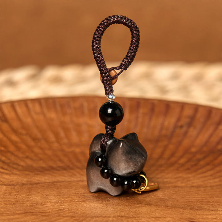 Buddha Stones銀色光沢黒曜石 黒曜石 金色光沢黒曜石 かわいい猫のフーキャラクター保護キーチェーン 携帯電話吊り下げ装飾 - image 3