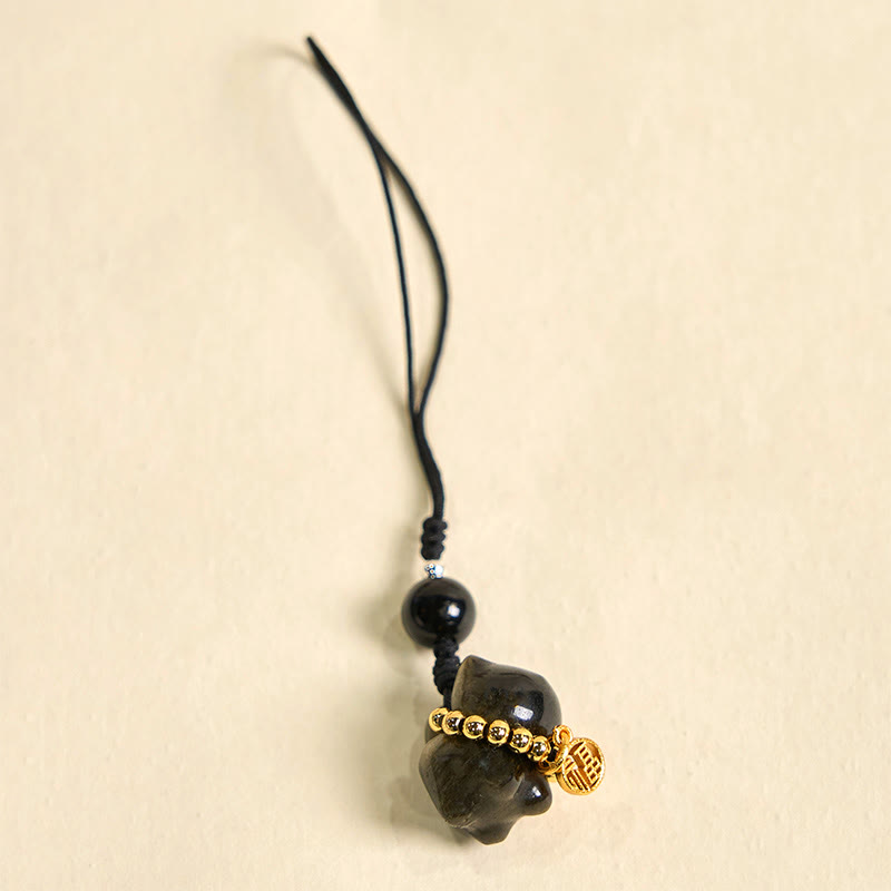 Buddha Stones銀色光沢黒曜石 黒曜石 金色光沢黒曜石 かわいい猫のフーキャラクター保護キーチェーン 携帯電話吊り下げ装飾 - image 18