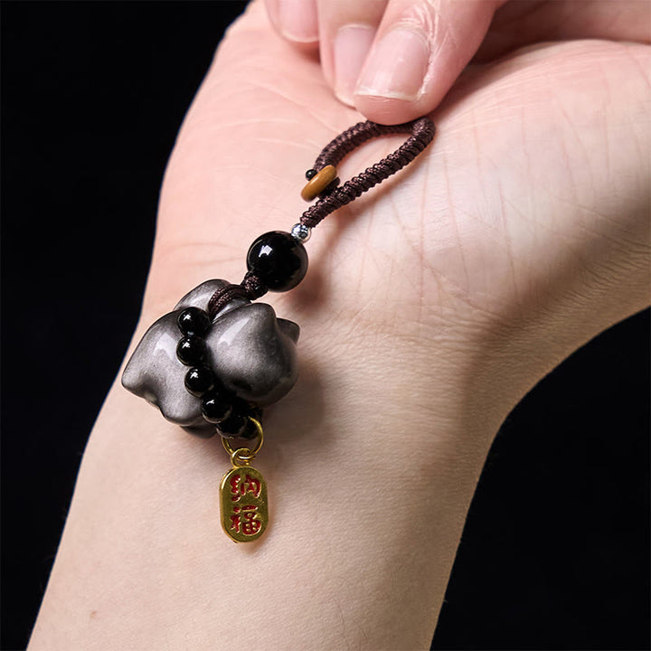 Buddha Stones銀色光沢黒曜石 黒曜石 金色光沢黒曜石 かわいい猫のフーキャラクター保護キーチェーン 携帯電話吊り下げ装飾 - image 4