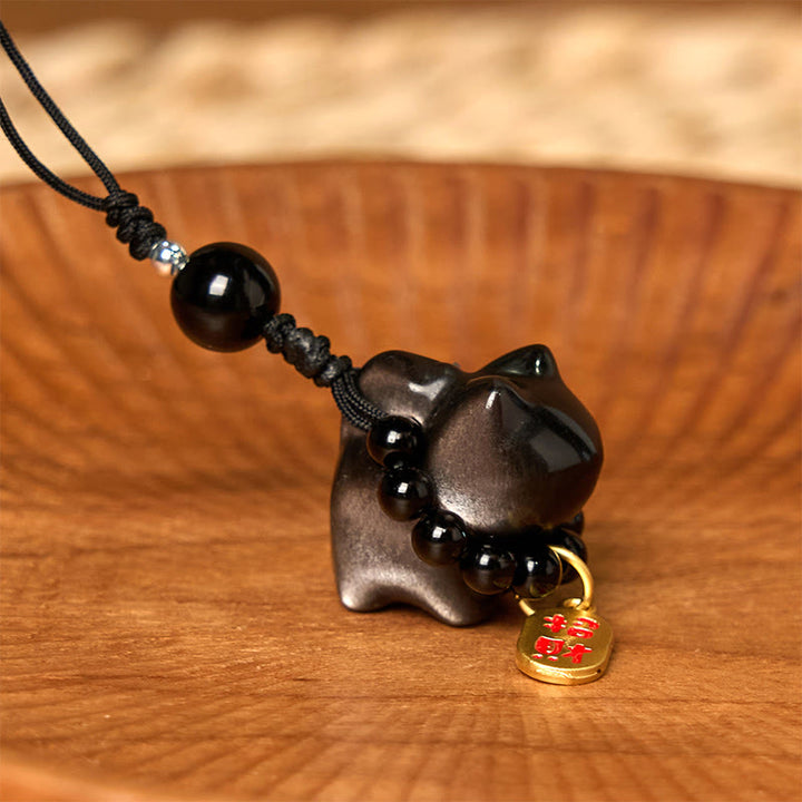 Buddha Stones銀色光沢黒曜石 黒曜石 金色光沢黒曜石 かわいい猫のフーキャラクター保護キーチェーン 携帯電話吊り下げ装飾 - image 15