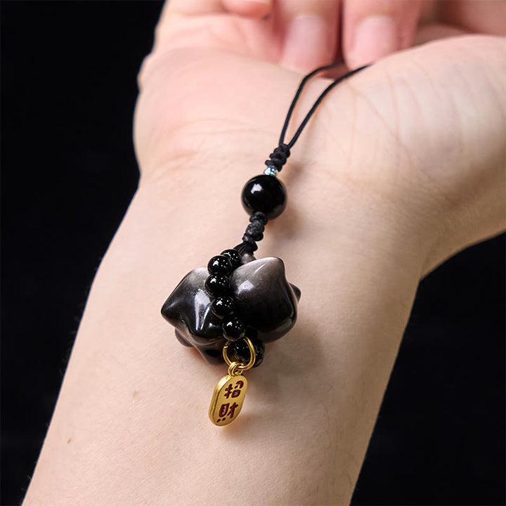 Buddha Stones銀色光沢黒曜石 黒曜石 金色光沢黒曜石 かわいい猫のフーキャラクター保護キーチェーン 携帯電話吊り下げ装飾 - image 16