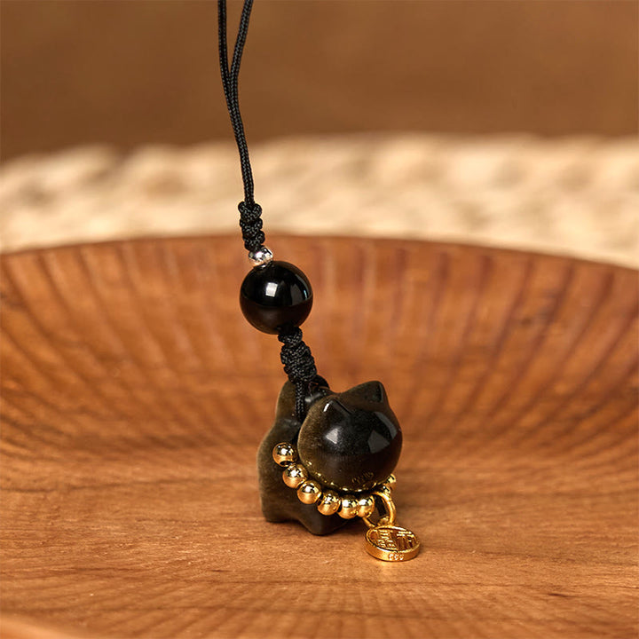 Buddha Stones銀色光沢黒曜石 黒曜石 金色光沢黒曜石 かわいい猫のフーキャラクター保護キーチェーン 携帯電話吊り下げ装飾 - image 14