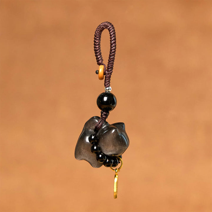 Buddha Stones銀色光沢黒曜石 黒曜石 金色光沢黒曜石 かわいい猫のフーキャラクター保護キーチェーン 携帯電話吊り下げ装飾 - image 7