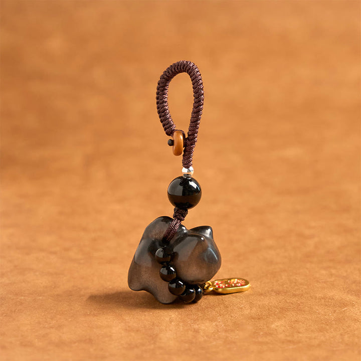 Buddha Stones銀色光沢黒曜石 黒曜石 金色光沢黒曜石 かわいい猫のフーキャラクター保護キーチェーン 携帯電話吊り下げ装飾 - image 8