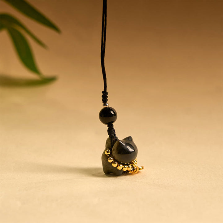 Buddha Stones銀色光沢黒曜石 黒曜石 金色光沢黒曜石 かわいい猫のフーキャラクター保護キーチェーン 携帯電話吊り下げ装飾 - image 19