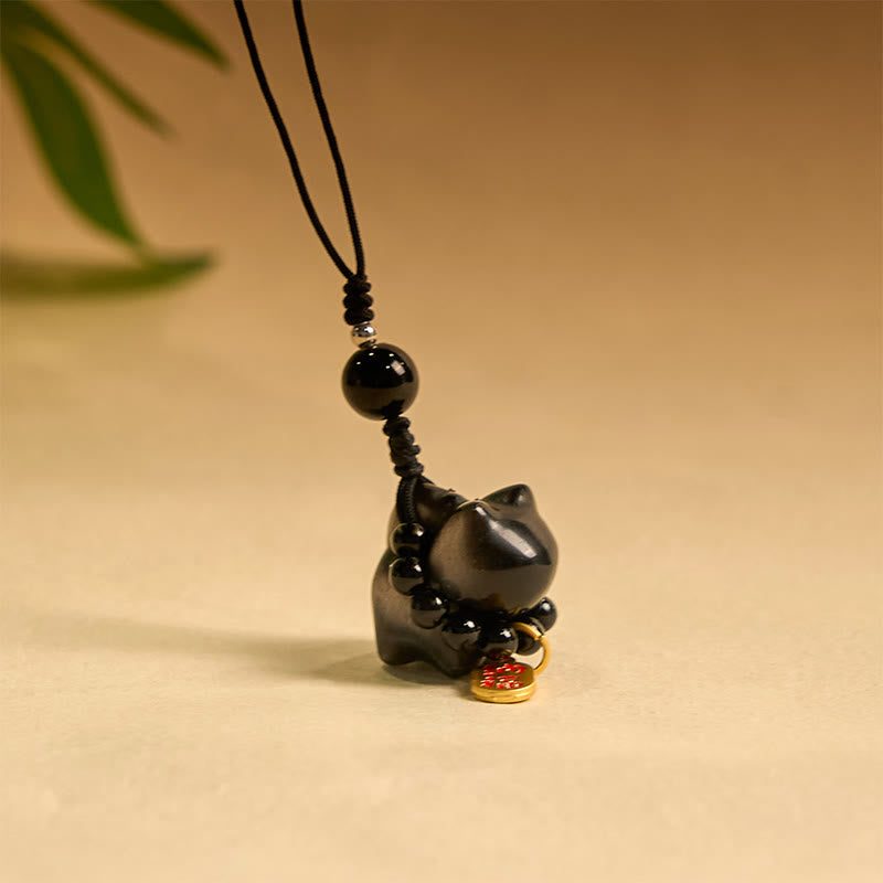 Buddha Stones銀色光沢黒曜石 黒曜石 金色光沢黒曜石 かわいい猫のフーキャラクター保護キーチェーン 携帯電話吊り下げ装飾 - 銀の光沢を持つ黒曜石の携帯電話用吊り下げ装飾 - image 11