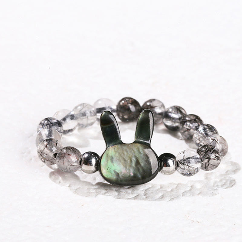 Buddha Stones 3mm ブラックルチルクォーツ シャコガイ 石 ウサギ 猫 リング - ウサギ（63mmゴム紐） - image 1