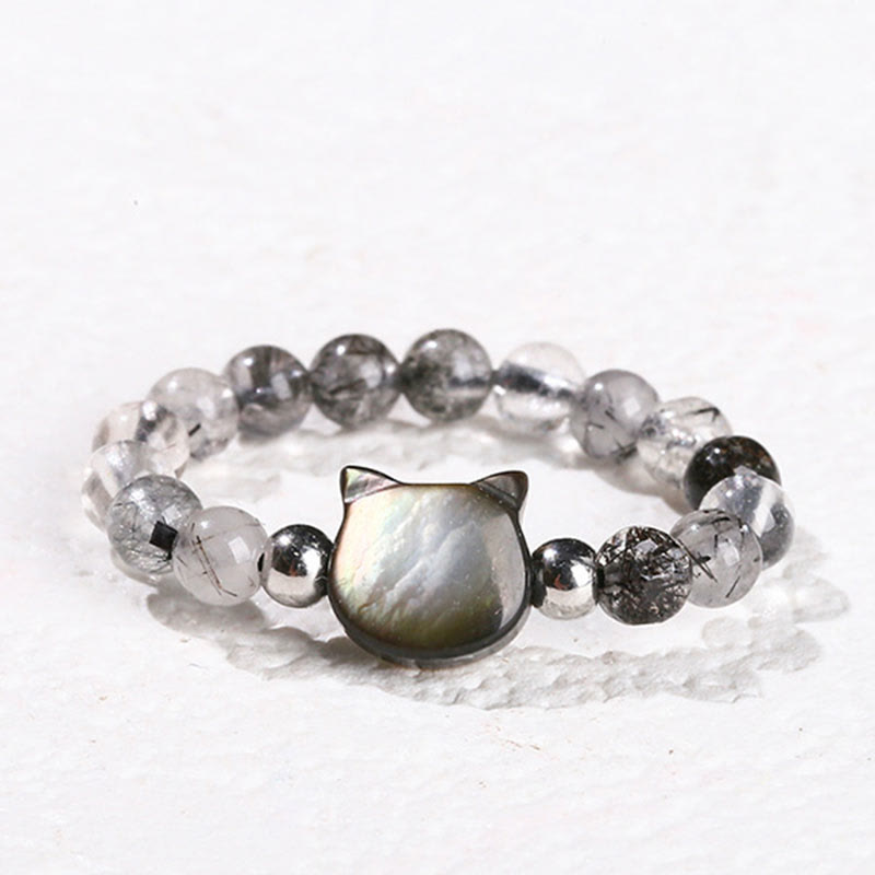 Buddha Stones 3mm ブラックルチルクォーツ シャコガイ 石 ウサギ 猫 リング - 猫（63mmゴム紐） - image 11